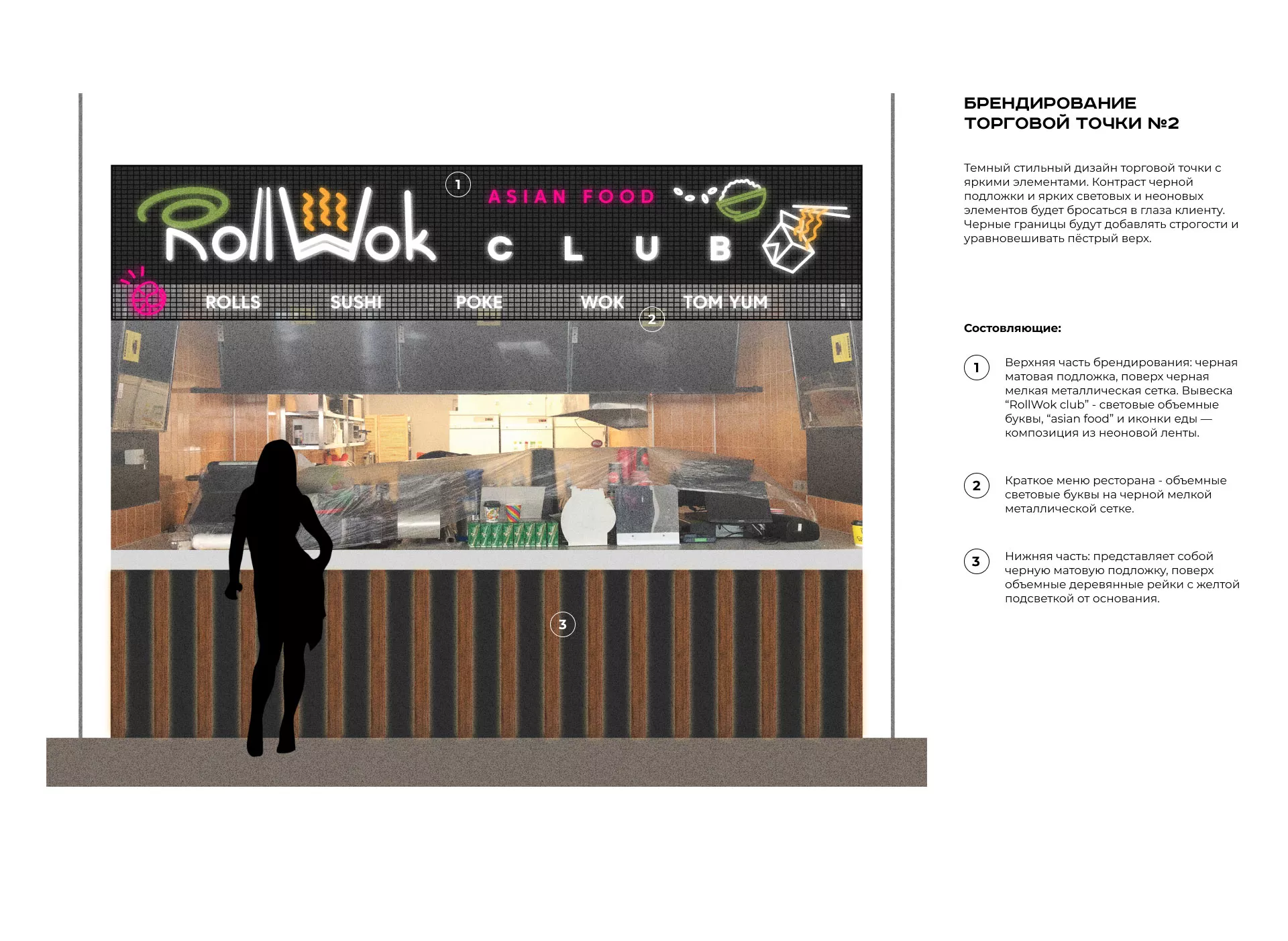 Брендирование торговых точек суши-бара «Roll Wok Club» в Долинске